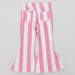 P0315 Pink Stripe Denim Flared Girl's Pants Jeans