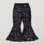 P0329 Boutique Black Colorful Shiny Sequin Girl's Flare Pants