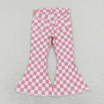 P0348 Pink Plaid Denim Flared Girl's Pants Jeans