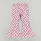 P0348 Pink Plaid Denim Flared Girl's Pants Jeans