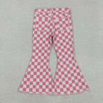 P0348 Pink Plaid Denim Flared Girl's Pants Jeans