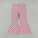 P0348 Pink Plaid Denim Flared Girl's Pants Jeans