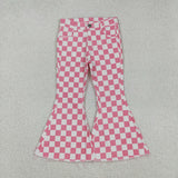 P0348 Pink Plaid Denim Flared Girl's Pants Jeans
