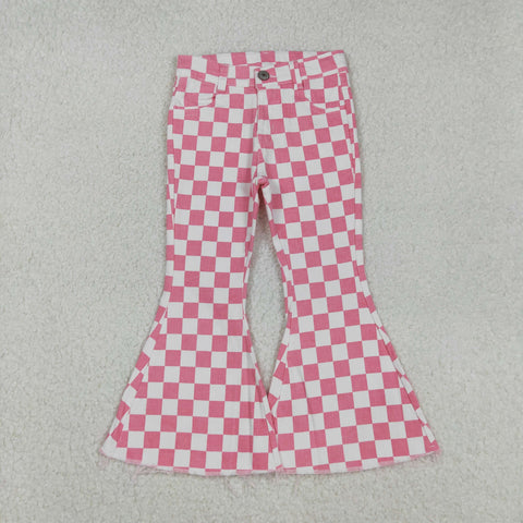 P0348 Pink Plaid Denim Flared Girl's Pants Jeans