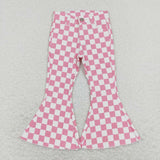 P0348 Pink Plaid Denim Flared Girl's Pants Jeans