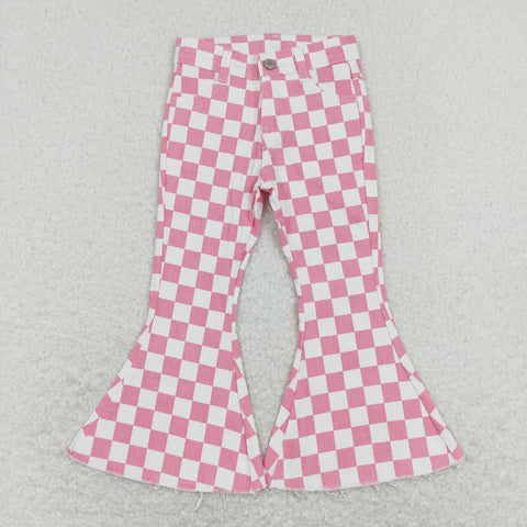 P0348 Pink Plaid Denim Flared Girl's Pants Jeans