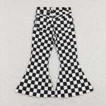 P0349 Black Plaid Denim Flared Girl's Pants Jeans