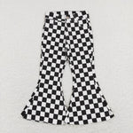 P0349 Black Plaid Denim Flared Girl's Pants Jeans