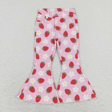 P0396 Strawberry Flower Pink Flared Pants Girls Jeans