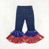 P0430 4th of July Blue Red Sequin Flared Pants Girls Jeans