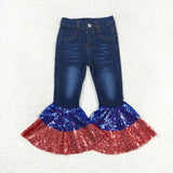 P0430 4th of July Blue Red Sequin Flared Pants Girls Jeans