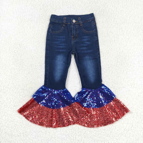 P0430 4th of July Blue Red Sequin Flared Pants Girls Jeans