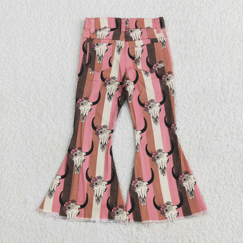 P0437 Skull Bull Stripe Denim Flared Pants Girls Jeans