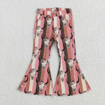 P0437 Skull Bull Stripe Denim Flared Pants Girls Jeans