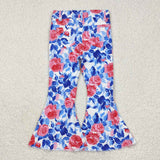 P0466 Flower Rose Blue Denim Flared Girl's Pants Jeans