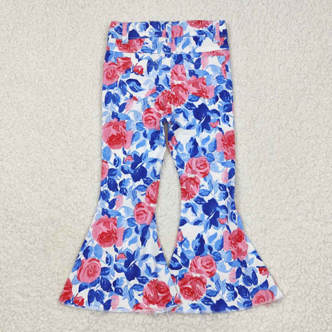 P0466 Flower Rose Blue Denim Flared Girl's Pants Jeans