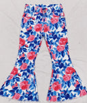 P0466 Flower Rose Blue Denim Flared Girl's Pants Jeans