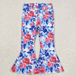 P0466 Flower Rose Blue Denim Flared Girl's Pants Jeans