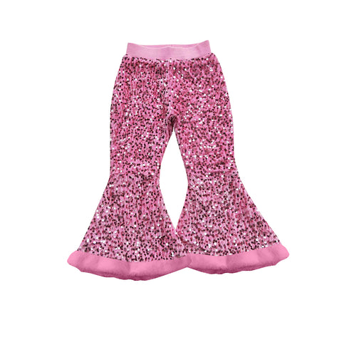 Preorder 08.21 P0794 Pink Plush Sequins Design Flared Girl's Pants