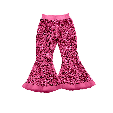 Preorder 08.21 P0795 Dark Pink Plush Sequins Design Flared Girl's Pants