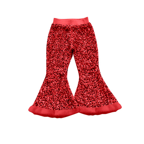 Preorder 08.21 P0798 Red Plush Sequins Design Flared Girl's Pants