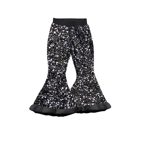 Preorder 08.21 P0799 Black Plush Sequins Design Flared Girl's Pants