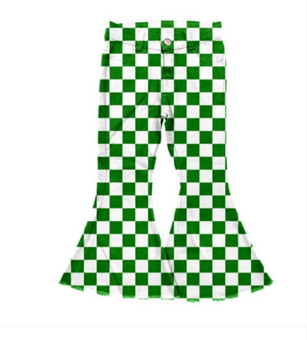 Preorder 09.24 P0841 Green Plaid  Flared Jeans Girl's Denim Pants