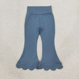 P1077 Solid Color Blue Scallop Edge Girls Fared Pants