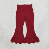 P1082 Solid Color Dark Red Scallop Edge Girls Fared Pants
