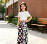 P1120 Team Mascot Bows Plaid Navy Leopard Girls Wide Leg Pants