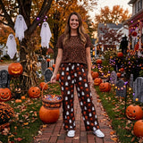 P1131 Halloween Ghost Pumpkin Leopard Women Adult's Wide Leg Pants