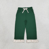 P1154 Solid Color Stripe Ruffles Dark Green Girls Pants