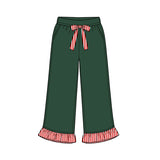 Preorder MOQ 5 pcs GLP3703 Solid Color Stripe Ruffles Dark Green Girls Set