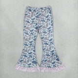P1185 Hunting Camo Pink Plaid Ruffles Girls Flared Pants