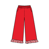 Preorder MOQ 5 pcs GSPO2408 Solid Color Plaid Ruffle Red Girls Set