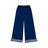 Preorder MOQ 5 pcs GSPO2409 Solid Color Plaid Ruffle Navy Girls Set