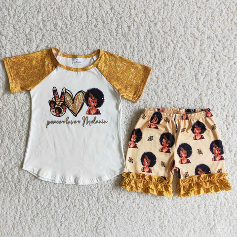 SALE D6-14 Peace Love Melanin Gold Girl's Shorts Set