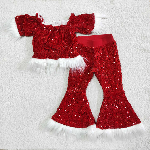C7-23 Boutique Christmas Red Sequin Fur Girl's Set