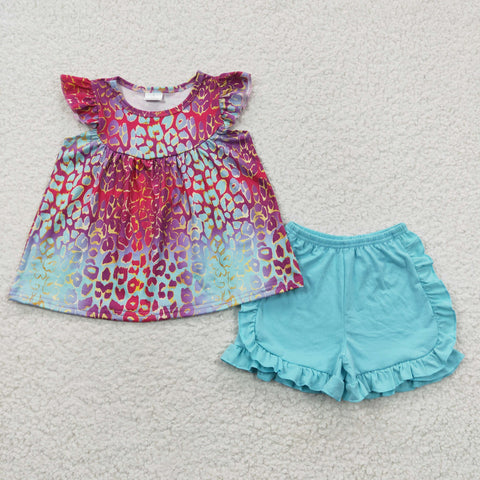 GSSO0310 Leopard Sky Blue Girl's Shorts Set