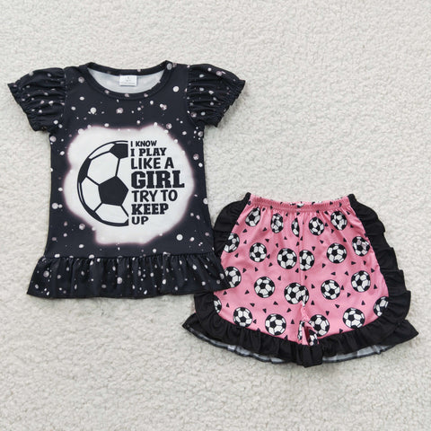 GSSO0267 Soccer ball sports Football Black Pink Girl's Shorts Set