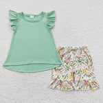 GSSO0297 Flower Mint Green Girl's Shorts Set