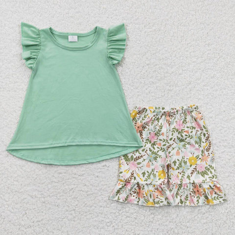 GSSO0297 Flower Mint Green Girl's Shorts Set