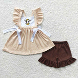 GSSO0233 Embroidery Cow Plaid Brown Cute Girl's Shorts Set