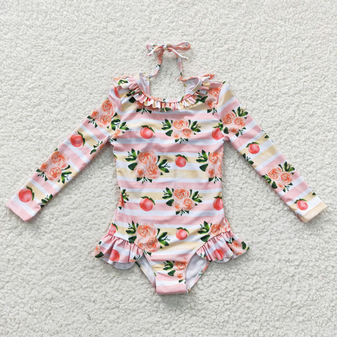 S0139 Peach Flower Stripe Cute Girl's Swimsuit