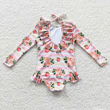 S0139 Peach Flower Stripe Cute Girl's Swimsuit