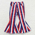 P0105 Blue Red Stripe Denim Flared Girl's Pants Jeans