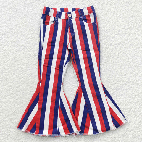 P0105 Blue Red Stripe Denim Flared Girl's Pants Jeans