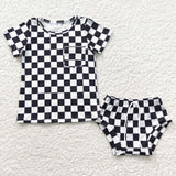 GBO0144 Black Plaid Baby bummie set