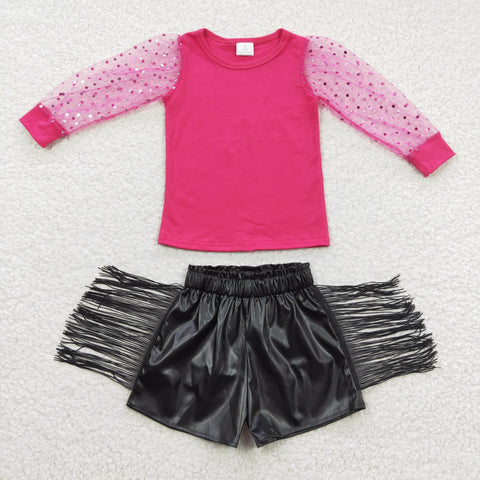 GSSO0334 Boutique Tulle Pink Leather Shorts Tassel Girl's Set