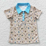 BT0210 Skull Bull Blue Short Sleeves Buttons Boy's Shirt Waffle Milk silk Fabric